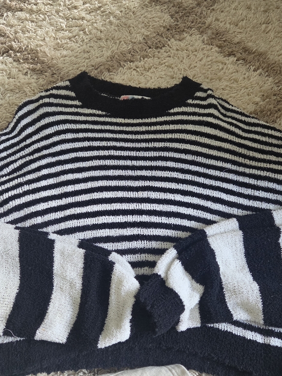 FP Beach Sweaters - Black and White Striped Crewneck Sweater - Relaxed Knit Pullover